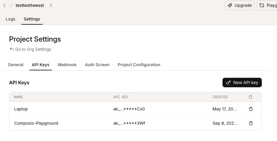Composio Project Settings API Keys tab showing existing keys