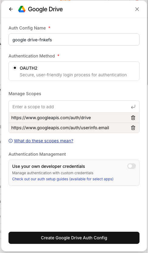 Composio Google Drive auth config setup screen with default settings