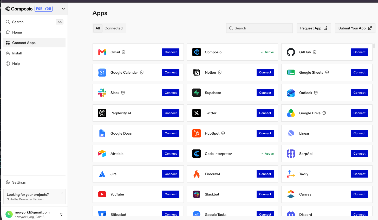Composio Connected Apps screen showing Gmail, Google Sheets, and Google Drive connected