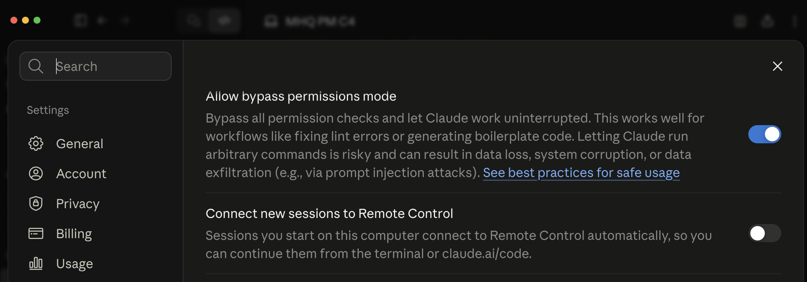 Claude Desktop Settings, General, with the Connect new sessions to Remote Control toggle