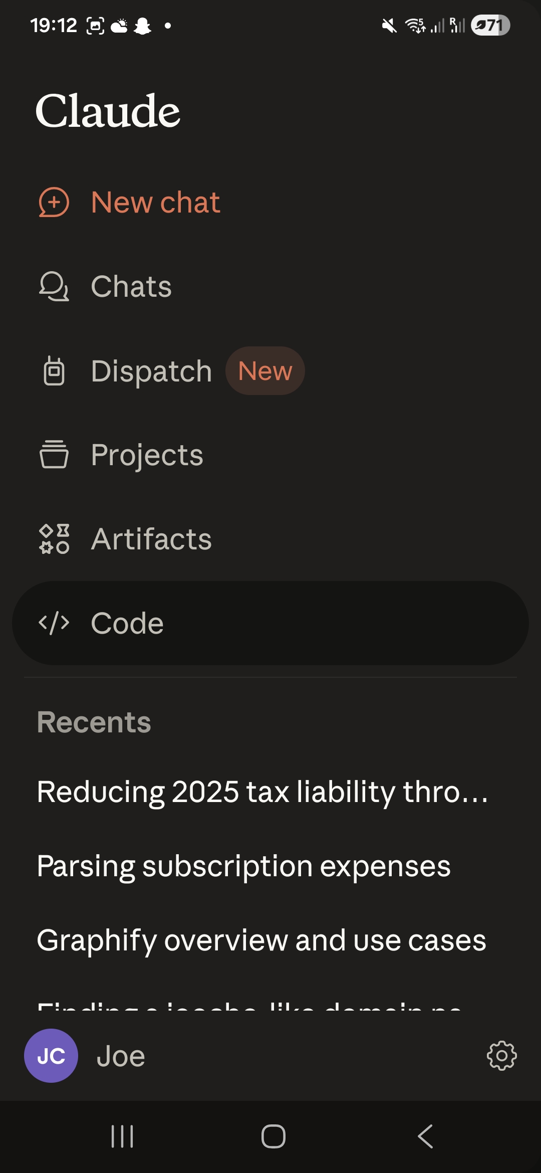 Claude phone app sidebar with Code highlighted