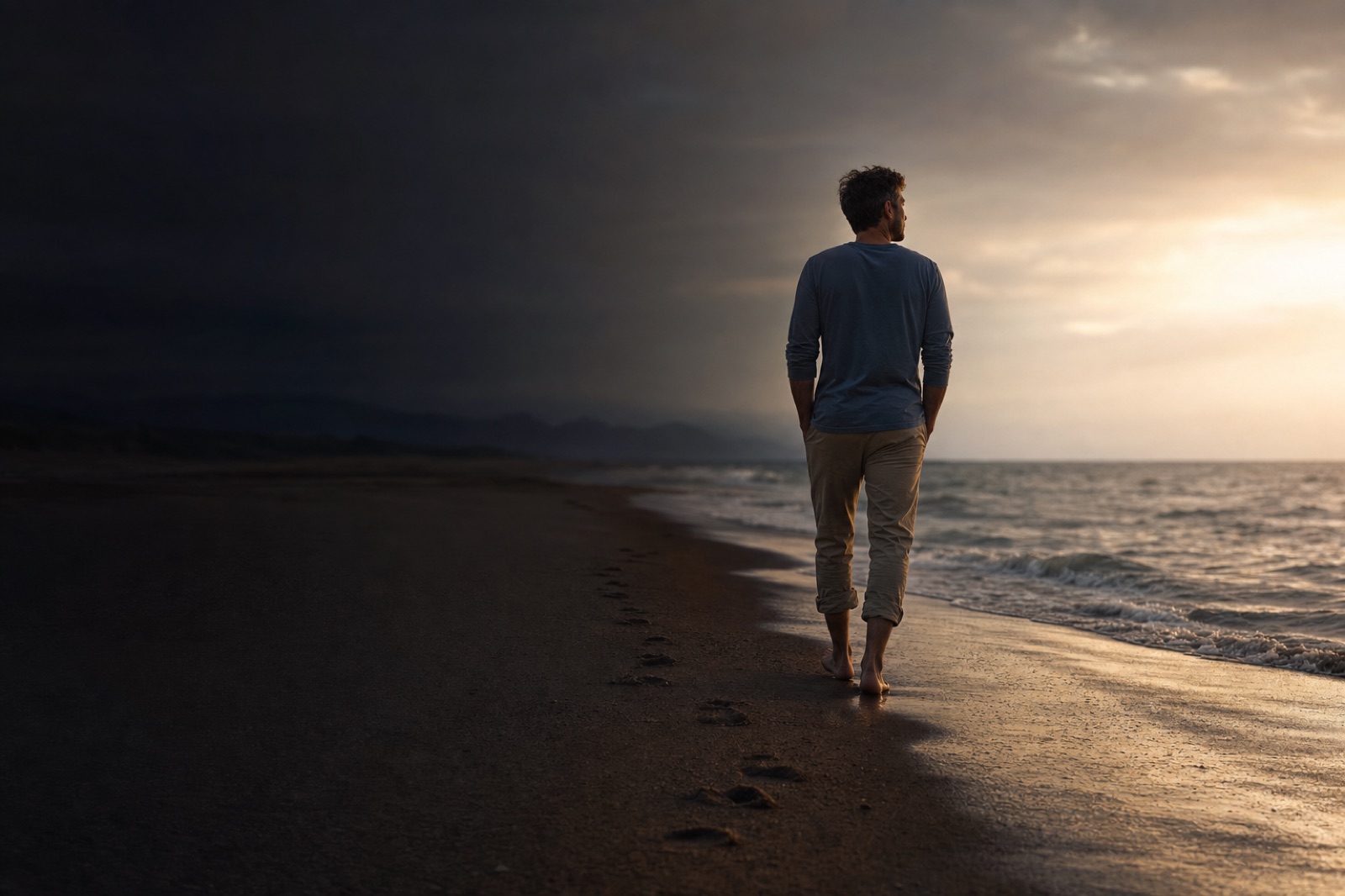 A man walking barefoot along the shore at dawn