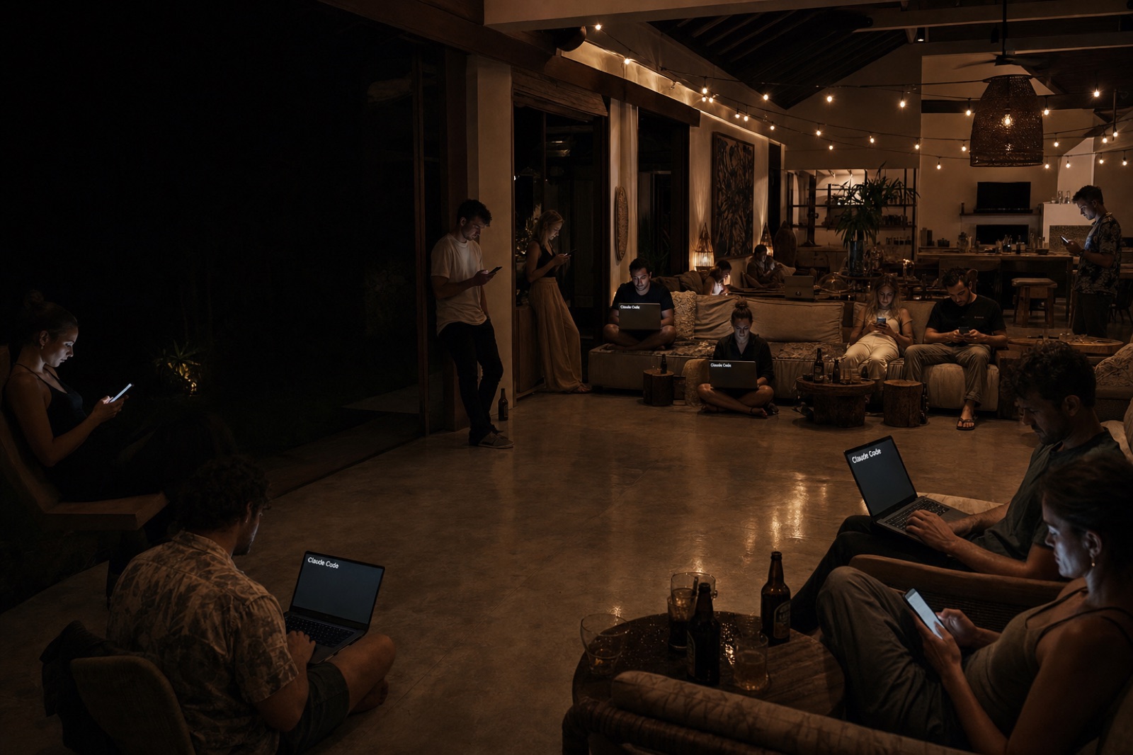 A house party where every guest is alone on a phone or laptop running Claude Code