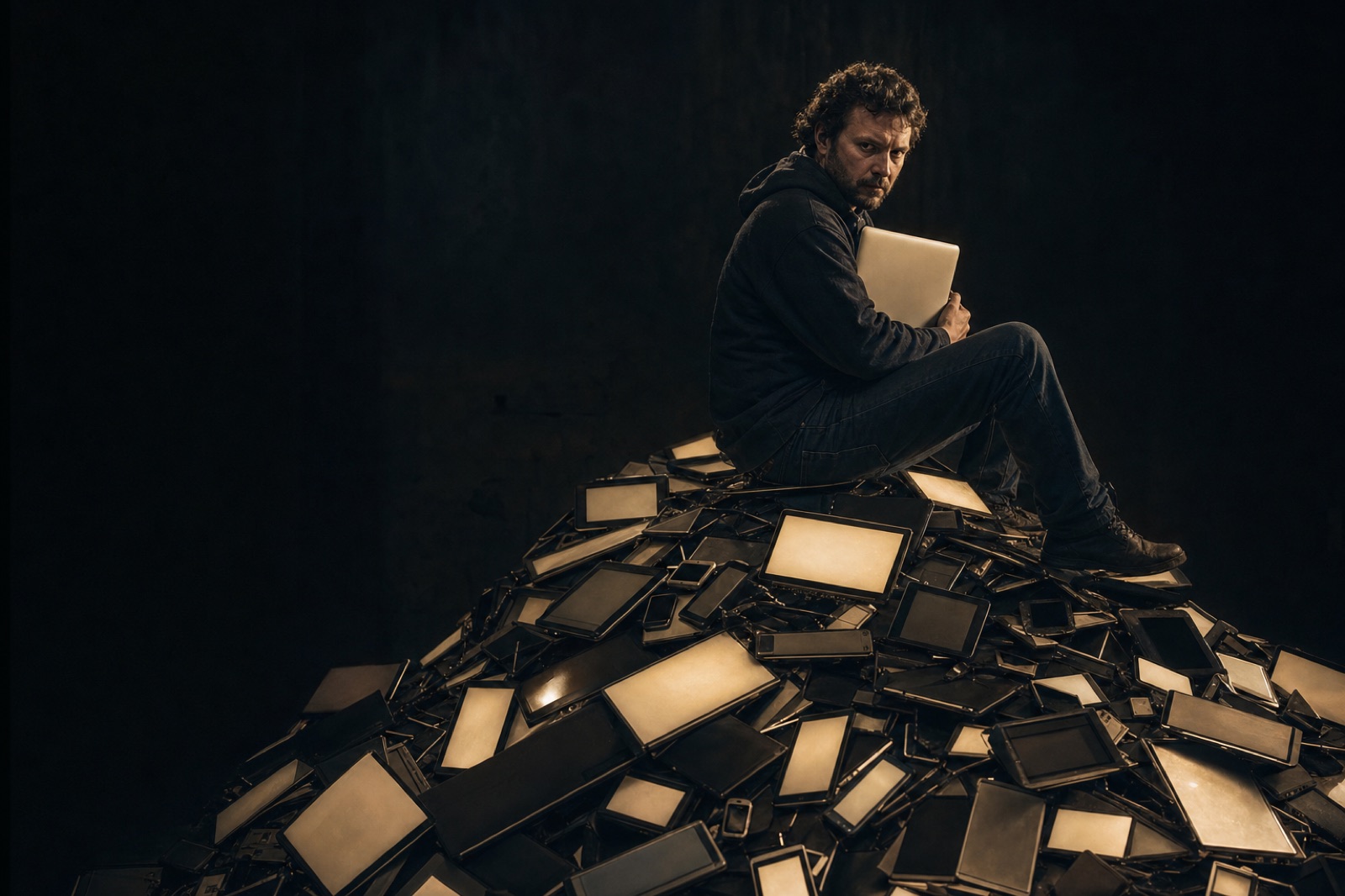 A man sitting on a heap of glowing laptops and phones like a dragon on its hoard