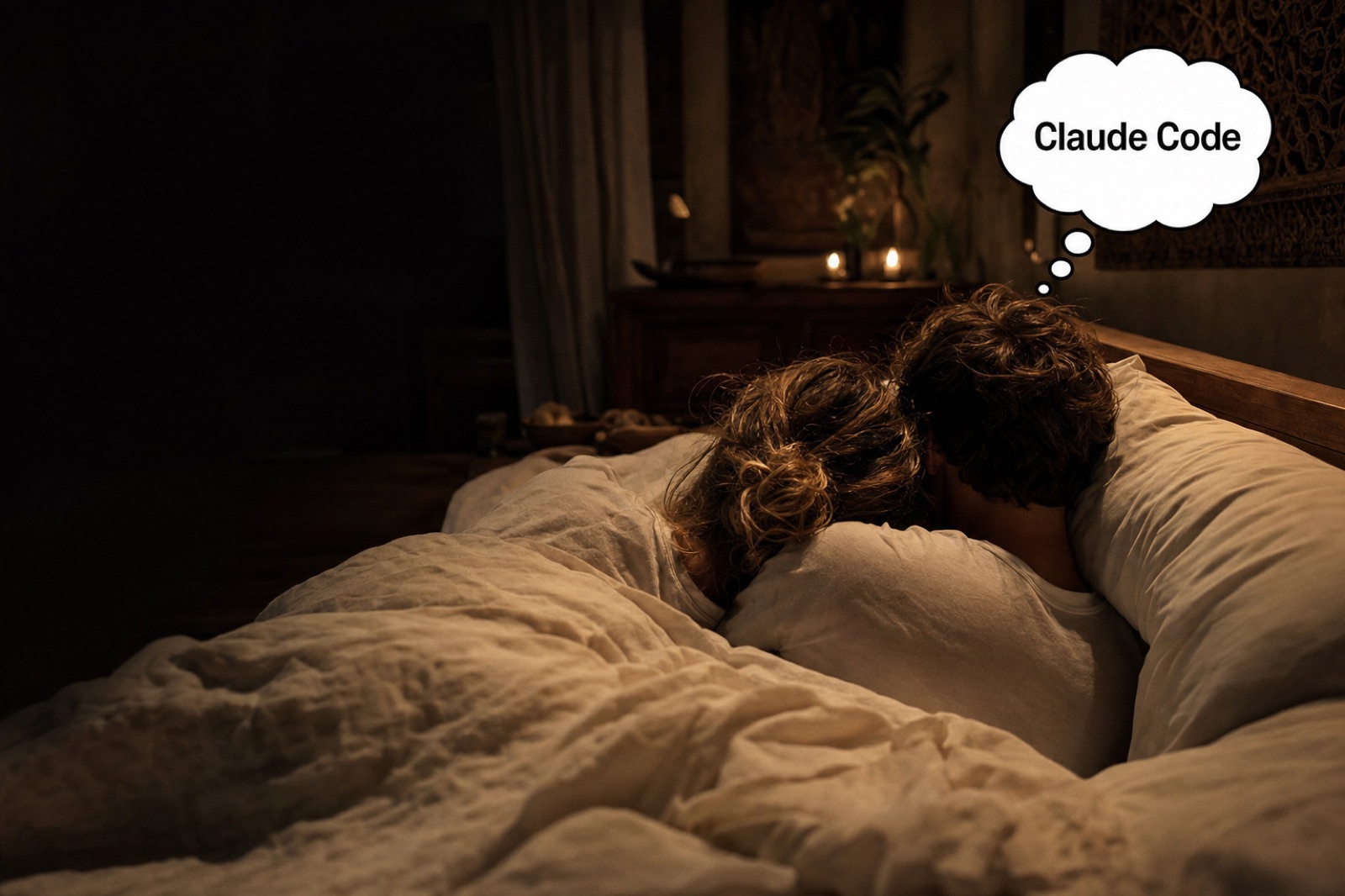 A couple cuddling in bed while a thought bubble above him reads Claude Code