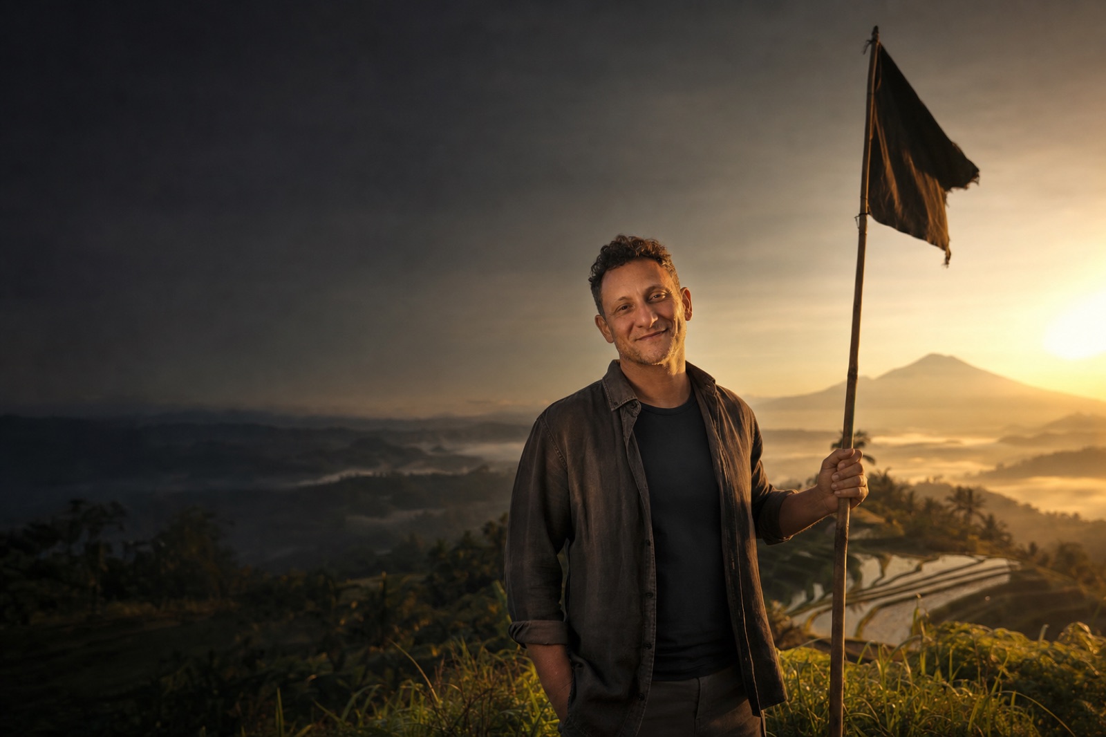 Joe Che planting a flag on a ridge above Bali rice terraces at sunrise